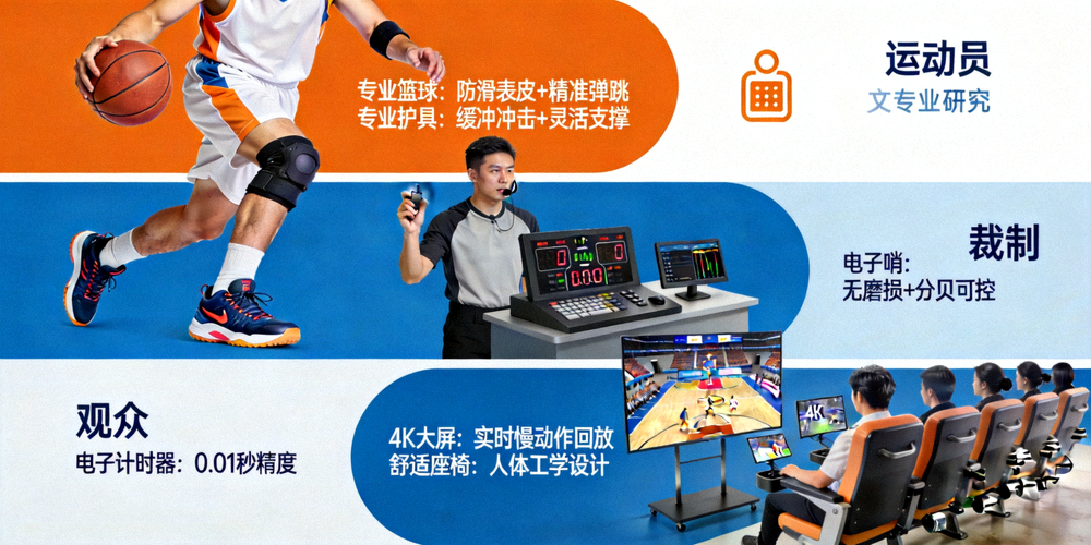 从运动员、裁判到观众视角，展示专业器材如何全方位提升篮球赛事体验示意图