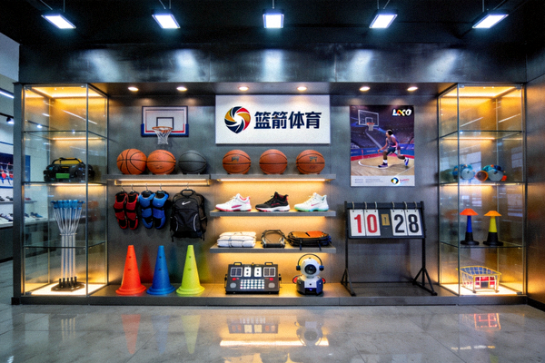 篮箭体育现代化产品展示厅内部，陈列各类专业篮球装备与运动器材