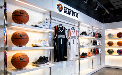 篮箭体育专业篮球装备展示：高品质篮球、球鞋、球衣整齐陈列在现代化展厅中