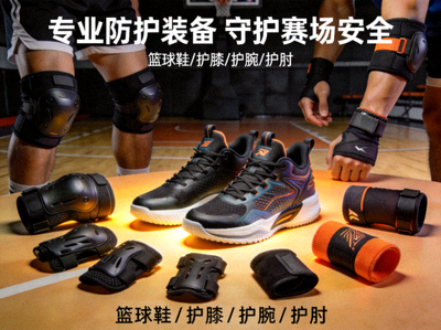 专业篮球鞋与各种运动护具，保障运动员安全